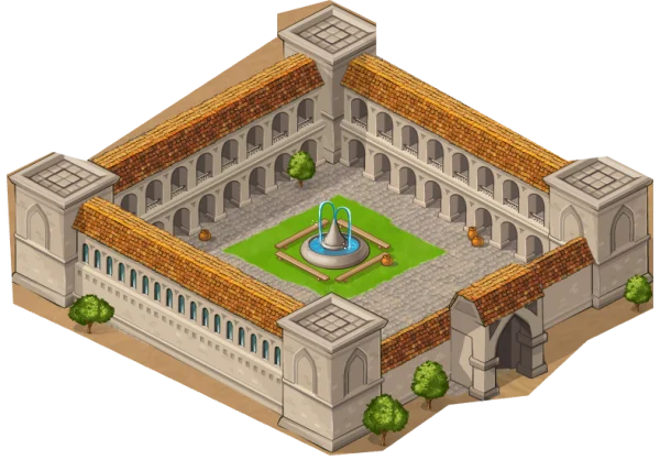 An isometric caravanserai with a central courtyard